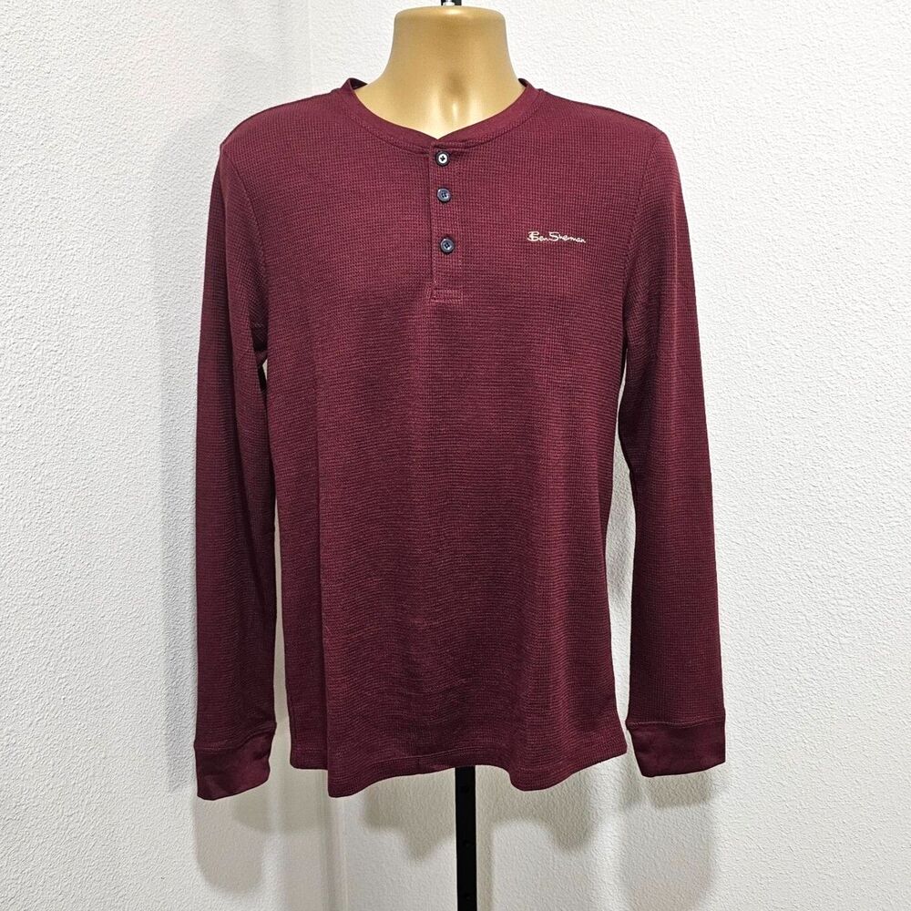 Ben Sherman Waffle Knit Thermal Henley Long Sleeve Shirt Mens Med Maroon Logo